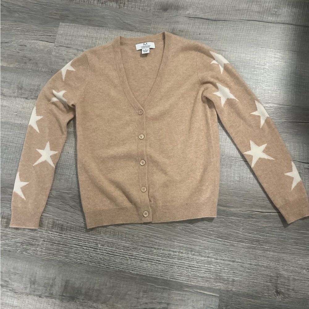Magaschoni Nougat and Frost Stars V Neck Cardigan Cashmere